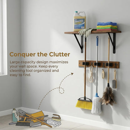 Wooden Broom Holder Wall Mount with Hooks and Shelf Mop Hangers Storage Rack with Cleaning Supplies Organizer Farmhouse Garage Laundry Room Wood Shelf (Brown, 1)