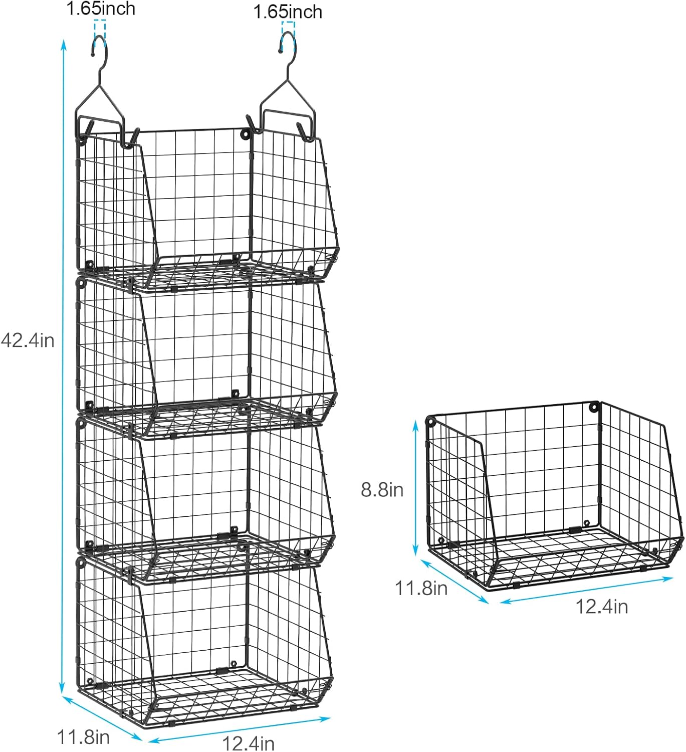 X-cosrack 4 Tier Closet Hanging Organizer, Foldable Closet Shelving with 2 Hanging Hooks 5 S Hooks, Wire Storage Basket for Wardrobe Laundry Room, for Clothing Sweaters Shoes Handbags Patent-White