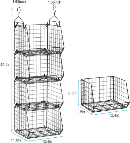 X-cosrack 4 Tier Closet Hanging Organizer, Foldable Closet Shelving with 2 Hanging Hooks 5 S Hooks, Wire Storage Basket for Wardrobe Laundry Room, for Clothing Sweaters Shoes Handbags Patent-White