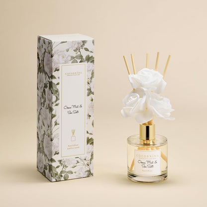 Cocorrína Reed Diffuser Set,6.7oz (200ml) Ocean Mist & Sea Salt Scented Diffuser with 3 White Rose Foam Flowers & Cotton Sticks, Home Fragrance Reed Diffuser for Bathroom Shelf Decor