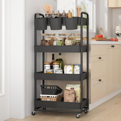 JIUYOTREE 4-Tier Plastic Rolling Storage Cart Utility Cart with Extra Hanging Cups Handles Lockable Wheels for Living Room Bathroom Kitchen Office White