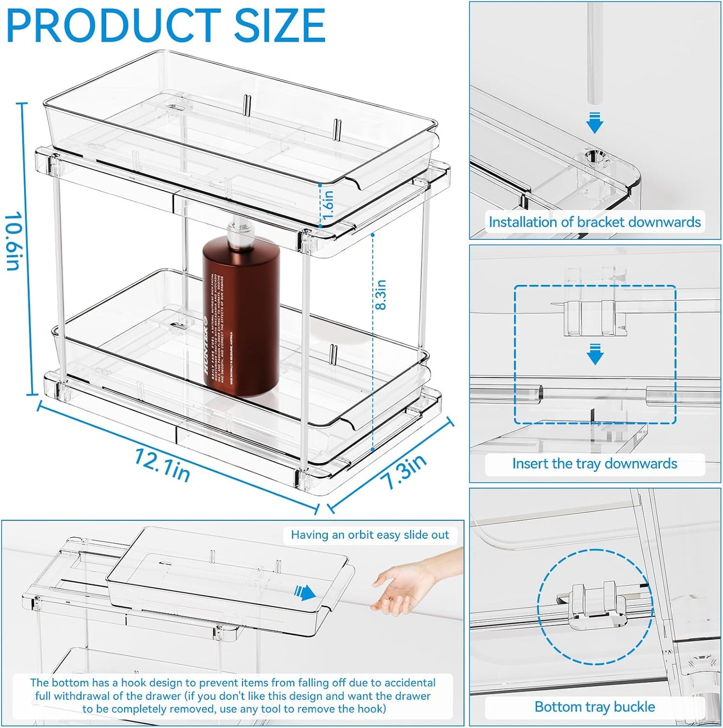 Yieach 2 Pack 2 Tier Pull Out Drawers for Medicine Cabinet Organizer,Bathroom Under Cabinet Storage,12.1″ Deep Pantry and Medicine Shelf Organizer for Toiletry Product,Vitamin Bottle and Supplement