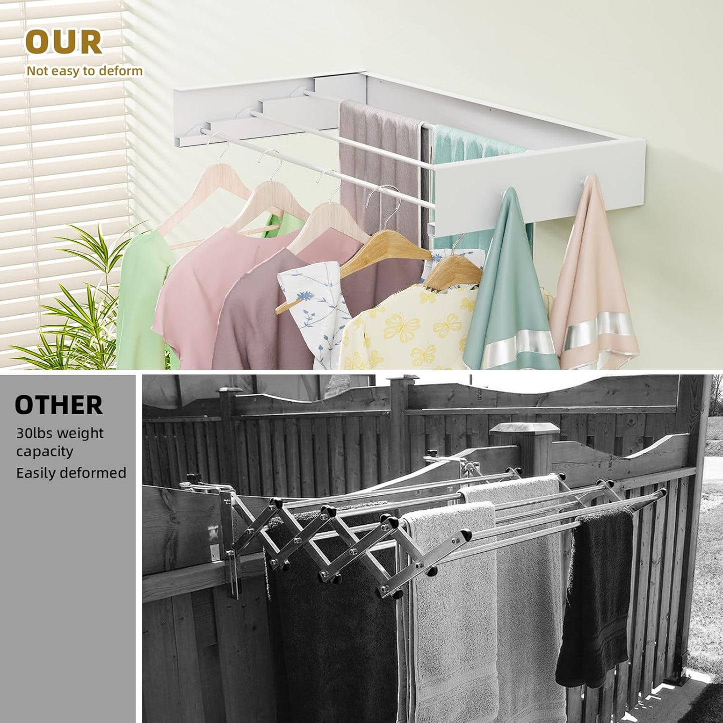 Wall Mounted Drying Rack 23.6'', Foldable Laundry Drying Rack Wall Mount with 4 Towel Hooks and 4 Rods, Space Saving Drying Rack Clothing for Indoor Outdoor Bathroom Balcony (White, 23.6'')
