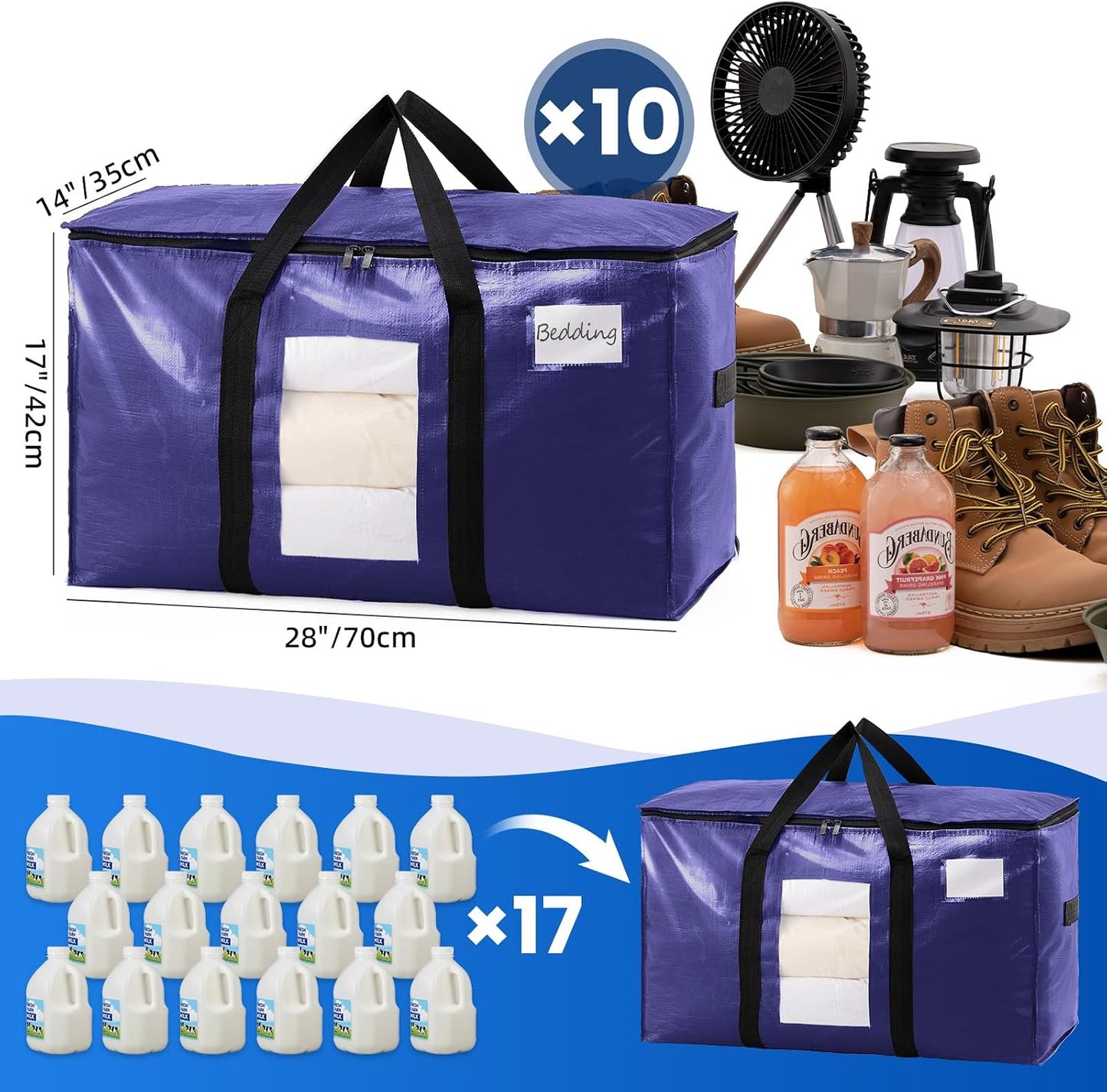 TAILI Extra Large Moving Bags, 4 Pack Blue Heavy Duty Totes For Storage with Visible Window, Wrap Around Handles, Storage Bags for Space Saving, Alternative to Moving Boxes
