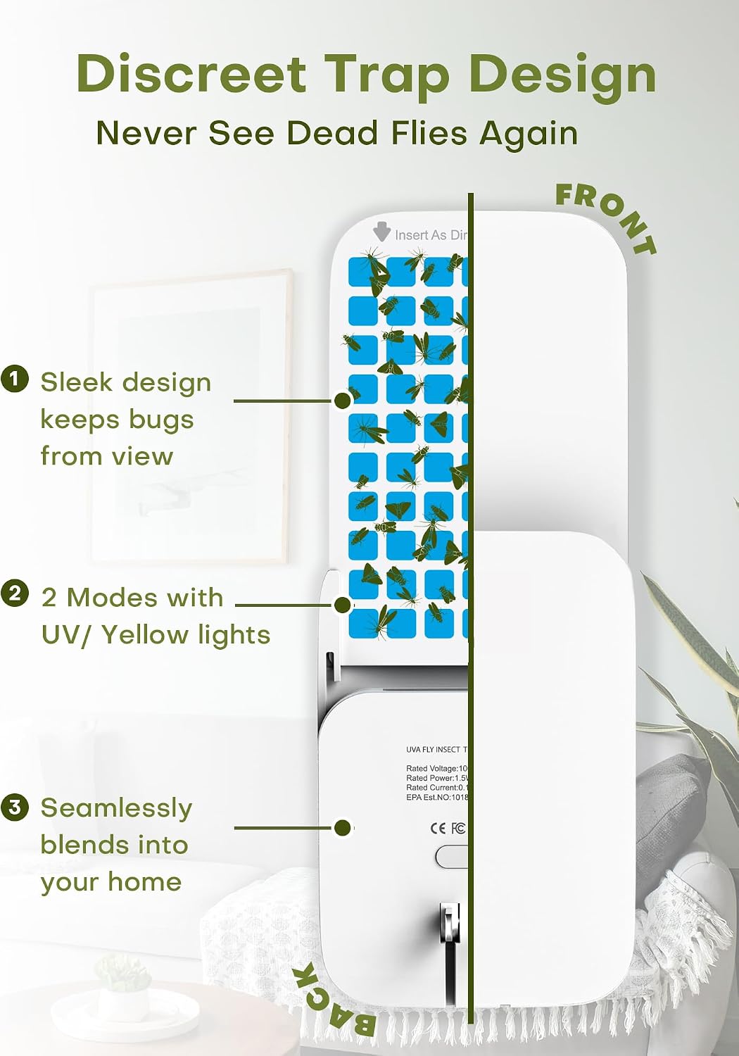 Flying Insect Trap Indoor - Plug-in Fly Catcher and Killers Includes Refills for House Flies, Fruit Flies, Gnats,and Moths, Bug Light Killer, Cover up to 600 ft², Off-White, 2 Traps + 8 Refills
