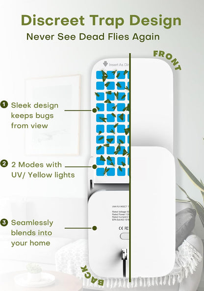 Flying Insect Trap Indoor - Plug-in Fly Catcher and Killers Includes Refills for House Flies, Fruit Flies, Gnats,and Moths, Bug Light Killer, Cover up to 600 ft², Off-White, 2 Traps + 8 Refills