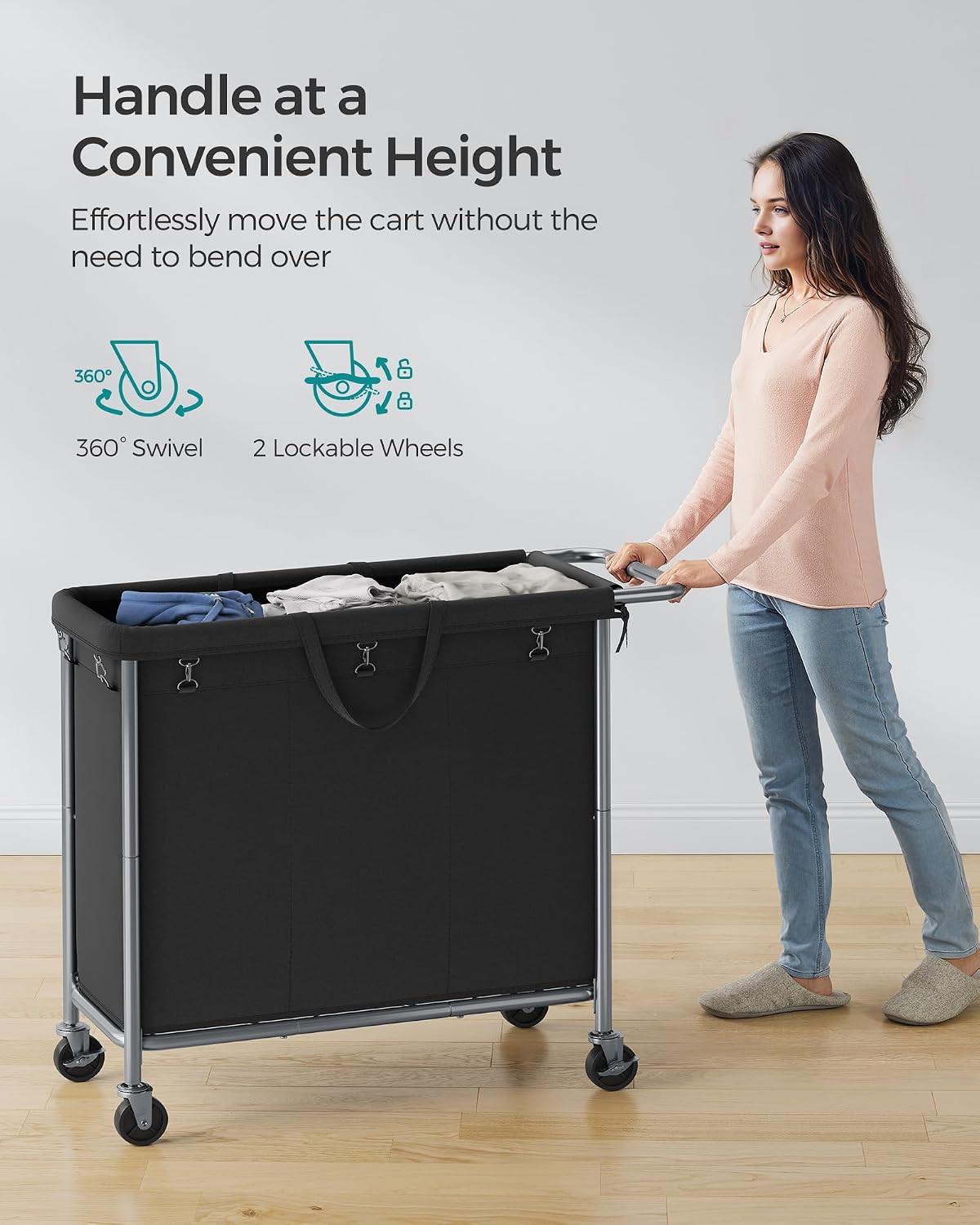 SONGMICS Laundry Basket with Wheels, 3-Section Rolling Laundry Hamper, 52.8 Gallons (200 L), Removable Liner, Steel Frame with Handle, 35.8 x 15.4 x 31.9 Inches, Cream White URLS005W01