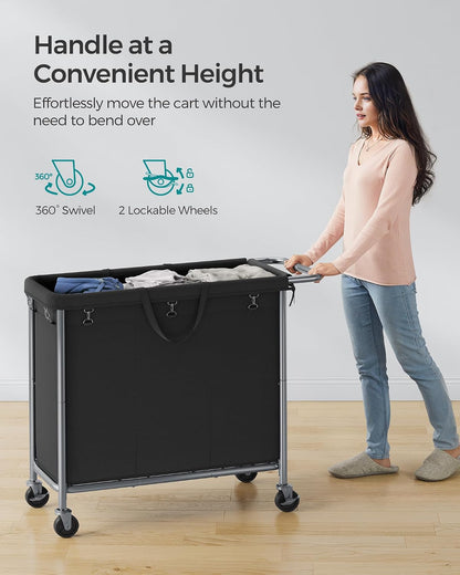 SONGMICS Laundry Basket with Wheels, 3-Section Rolling Laundry Hamper, 52.8 Gallons (200 L), Removable Liner, Steel Frame with Handle, 35.8 x 15.4 x 31.9 Inches, Cream White URLS005W01