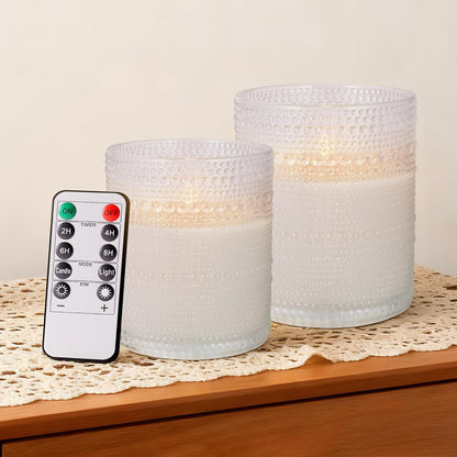 Dotted Glass Flameless Candles with Remote Timer, Real Wax Battery Operated LED Pillar Candles with 3D Flickering Flame for Festival Wedding Home Party Decor, 3" x 4", 4" x 5", Set of 2 (White)