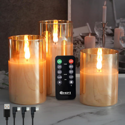 LEDHOLYT Rechargeable Flameless Glass Pillar Candles–Gifts for Women,–Set of 3, Realistic Flickering LED Light,Remote & Timer, Ideal for Living Room, Bedroom & Festival Wedding Home Party Decor