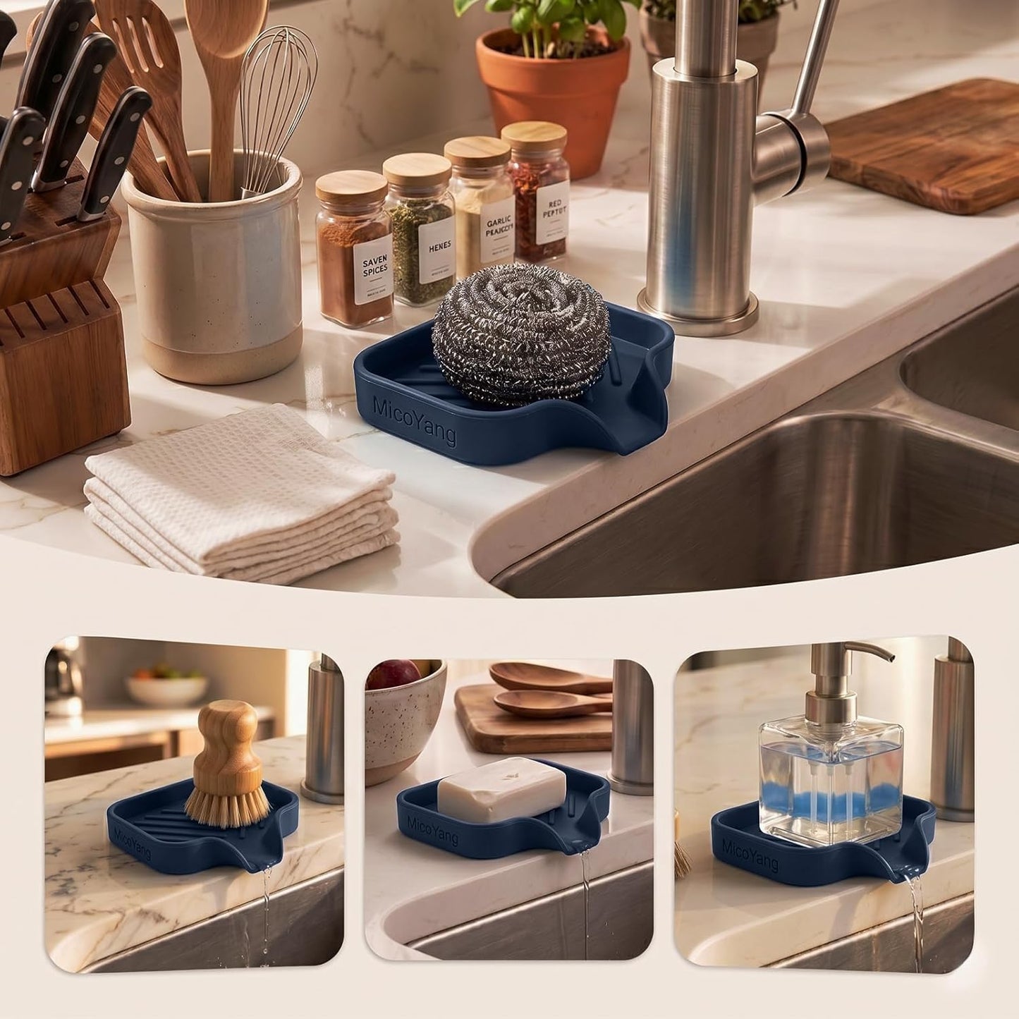 MicoYang Silicone Bathroom Soap Dishes with Drain Spout-Bathroom and Kitchen Sink Organizer,Sponge Holder,Dish Soap Tray,Perfect for Dispenser,Scrubber,Bottle,Cup on Sink or Counter-Coffee 4.9"×3.2"