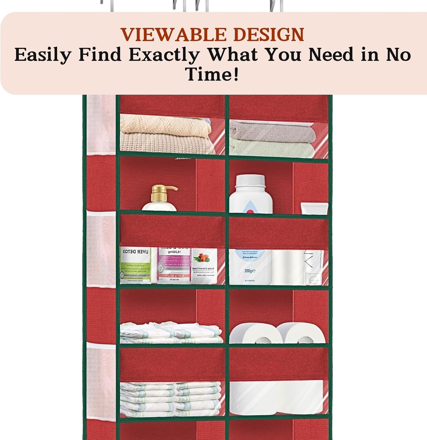 Over The Door Organizer, 5-Tier Extra Large Behind Door Storage with 10 Big Front & 10 Mesh Pockets, 80lb Capacity, Hanging Storage Organizer with Clear Window Kids Toys, Shoes, Diapers, Light Grey