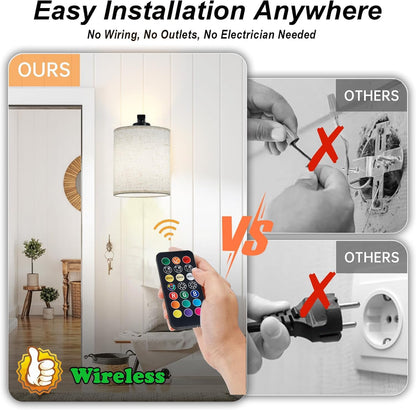 Battery Operated Wall Sconce Set of 2, Brushed Gold Rechargeable Wall Lights with Remote Control and Dimmable LED Bulbs, 13 Light Colors Wireless Wall Lamps for Bedroom Living Room Hallway (Gold)