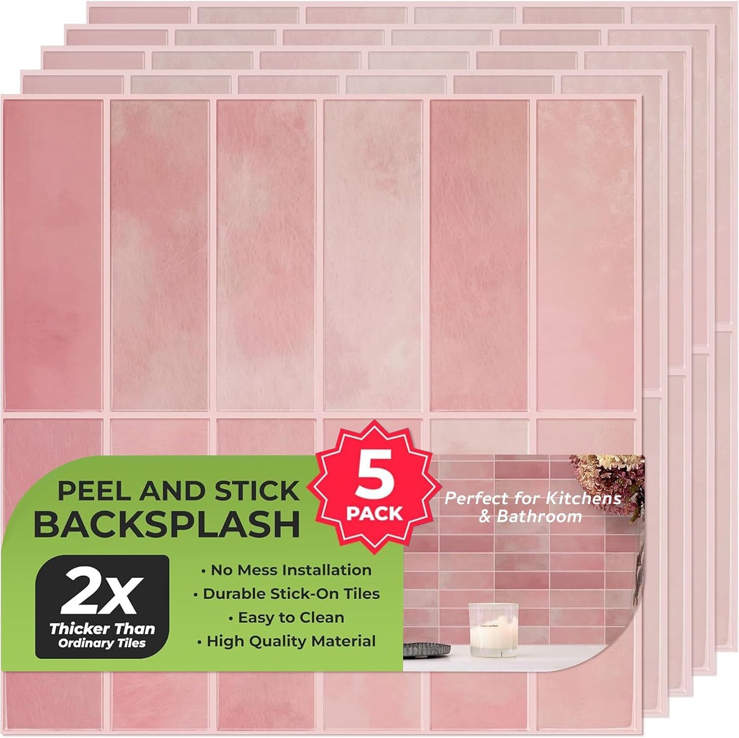 Peel and Stick Subway Backsplash Tiles, 5 Pack, 12 x 12 in, Almond | extra thick 3D wall panels, heat and water resistant wall panels, easy DIY kitchen, bathroom, laundry, fireplace wall décor