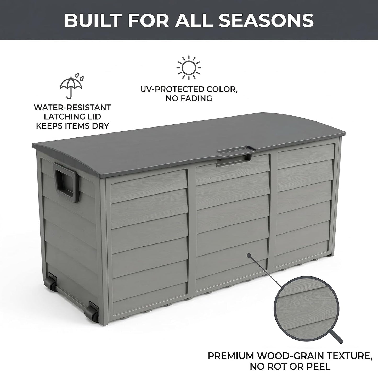 75 Gallon Outdoor Storage Box, 260L Waterproof Resin Deck Box for Patio Furniture Cushions, Garden Tools and Yard Accessories, Lockable Storage Chest with Wheels and Handles (Brown)