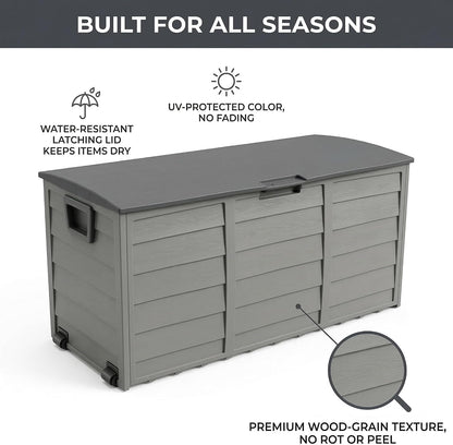 75 Gallon Outdoor Storage Box, 260L Waterproof Resin Deck Box for Patio Furniture Cushions, Garden Tools and Yard Accessories, Lockable Storage Chest with Wheels and Handles (Brown)