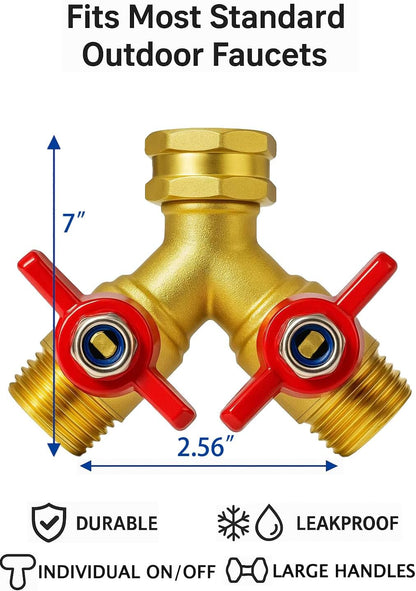 Upgraded Full-Flow Brass Garden Hose Splitter, 3/4 Inch，2-Way Y Connector for Outdoor Faucet, Heavy-duty Handle & Individual Shut-Off Valves, Ideal for Garden Irrigation & Cleaning Tasks