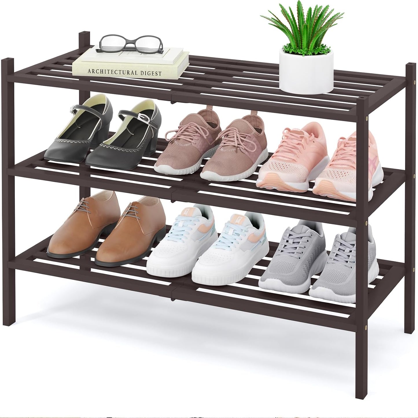 Smiry Bamboo Shoe Rack, 3 Tier Free Standing Wooden Shoe Organizer, Stackable Wood Shoe Storage Shelf for Closet, Entryway, 5 Horizontal Slats, 26.8"x11"x18.3", Natural