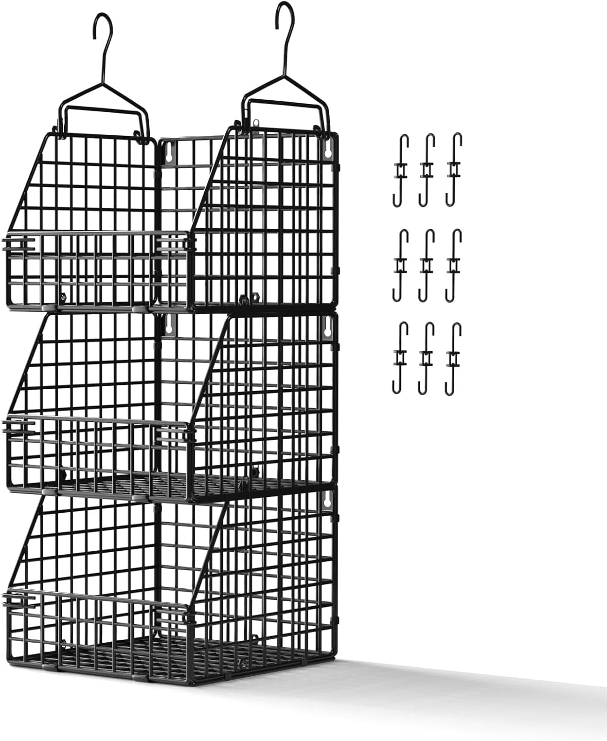 PUPPYCUTE Larger & Deeper Hanging Storage Basket, Closet Organizers and Storage, Hanging Shelves Wire Baskets for Clothing Sweaters Purse Handbags Shoes Black 3 Tier