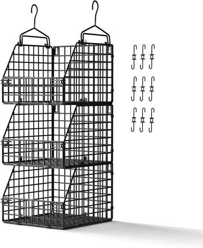 PUPPYCUTE Larger & Deeper Hanging Storage Basket, Closet Organizers and Storage, Hanging Shelves Wire Baskets for Clothing Sweaters Purse Handbags Shoes Black 3 Tier