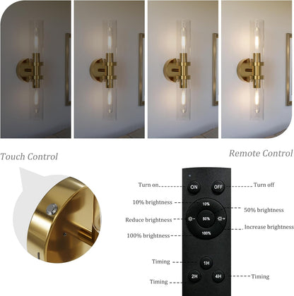 Battery Operated Wall Sconce Set of 2, 10000mAh Rechargeable Wireless Wall Lights Remote Control, Cordless Timer Dimmable Glass Wall Lamps for Living Room Bedside Entryway Emergency Gold 16.5 Inch