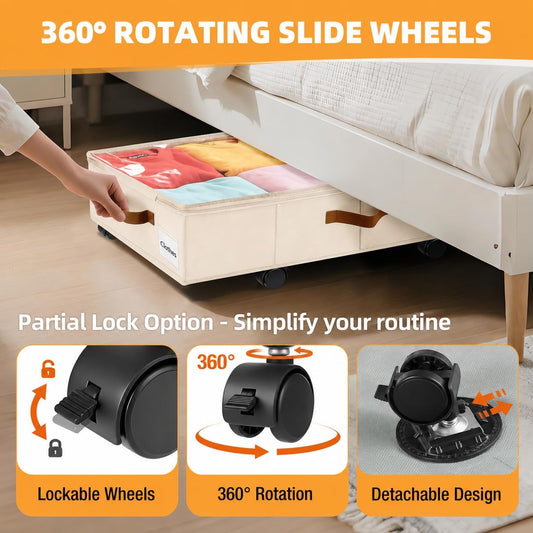 Under Bed Storage with Wheels,Underbed Storage with Sturdy Sidewalls/Bottom, Clear Cover, Label and PU Handle, Rolling Under Bed Drawers for Clothes, Shoes, 6.5 Inch Height,Black, 2 Pack
