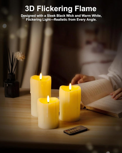 White Flameless Candles with Remote and Timer, Real Wax Made Wax Drip LED Pillar Candles Battery Operated with 3D Flickering Flame Melted Top - 3" x 4",5",6" - Set of 3