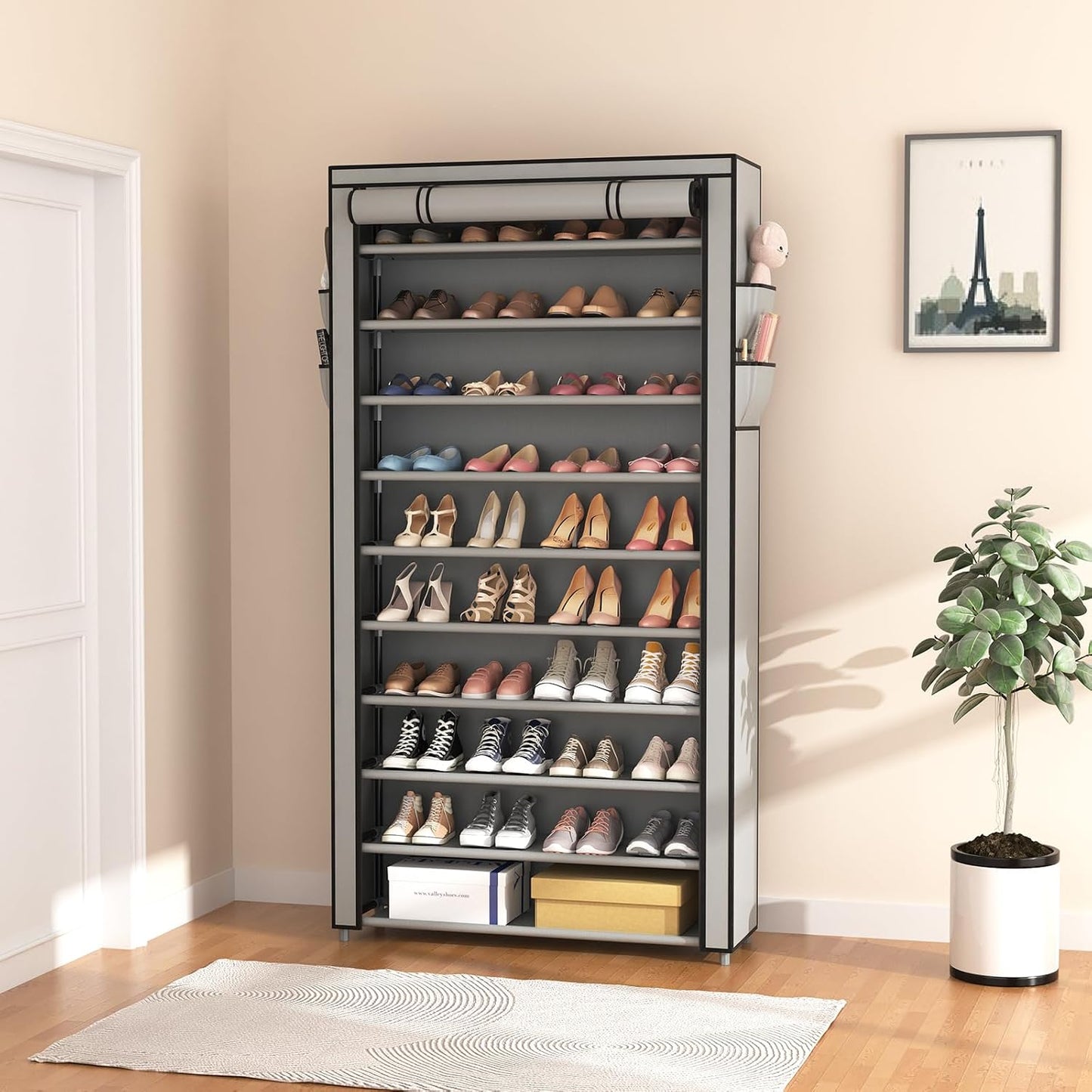ROJASOP 10 Tier Shoe Rack with Covers,Large Capacity Stackable Tall Shoe Shelf Storage to 50-55 Pairs Shoes and Boots Sturdy Metal Free Standing Shoe Rack Organizer for Closet Entryway Garage