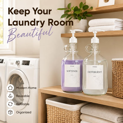 2 Pcs Glass Liquid Laundry Detergent Dispenser, Half Gallon Laundry Soap Dispenser for Laundry Room (64 oz. Each), Laundry Detergent Bottles with Pump Dispenser -Includes Labels, Funnel, Measuring Cup