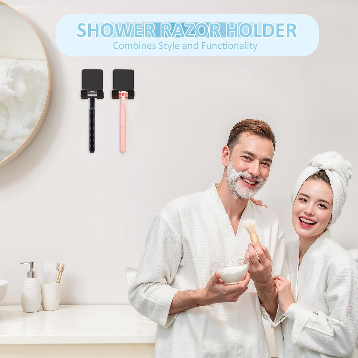 VIS'V Shower Wall Razor Holder, Metal Adhesive Razor Hooks for His and Hers, Waterproof, Black, 2 Pcs