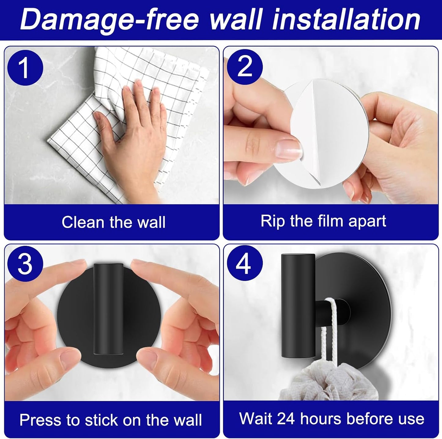 Bntuk Wall Towel Hooks, Adhesive Hooks for Coat Waterproof Shower Hooks, Sticky Hanger Hook for Hanging Coat, Clothes, Robe, Towel Hooks for Bathroom Glass Window - 2 Pack, Black