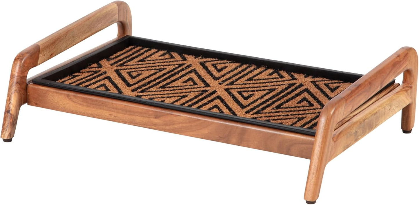 Anji Mountain Heavy Duty Waterproof Wooden Shoe Storage Mat Organizer/Boot Storage Tray Multi Use for Entryway with Coir, Tan Rectangle Embossed Insert, 1 Tier, Fits 2 Pair (26.5" Wide)