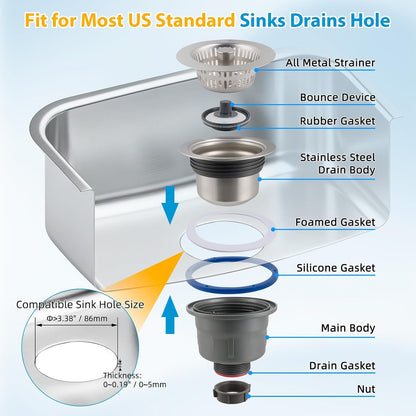 Hibbent Upgraded 3 In 1 Kitchen Sink Drain Strainer and Stopper Combo Assembly Kit, Stainless Steel Larger Anti-Clogging Basket, Pop Up Stopper Plug for US Standard 3-1/2 Inch, Brushed Nickel