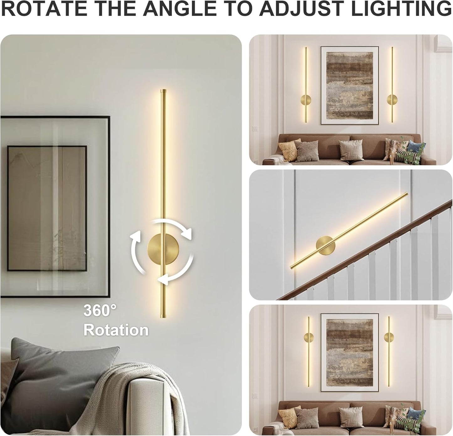 Battery Operated Modern Wall Sconces, Dimmable Wireless Wall Light Set of Two with Remote Control, 3 Color Temperatures, Rechargeable LED Wall Sconce for Bedroom, Living Room, Hallway, 23.6 Inch Brass
