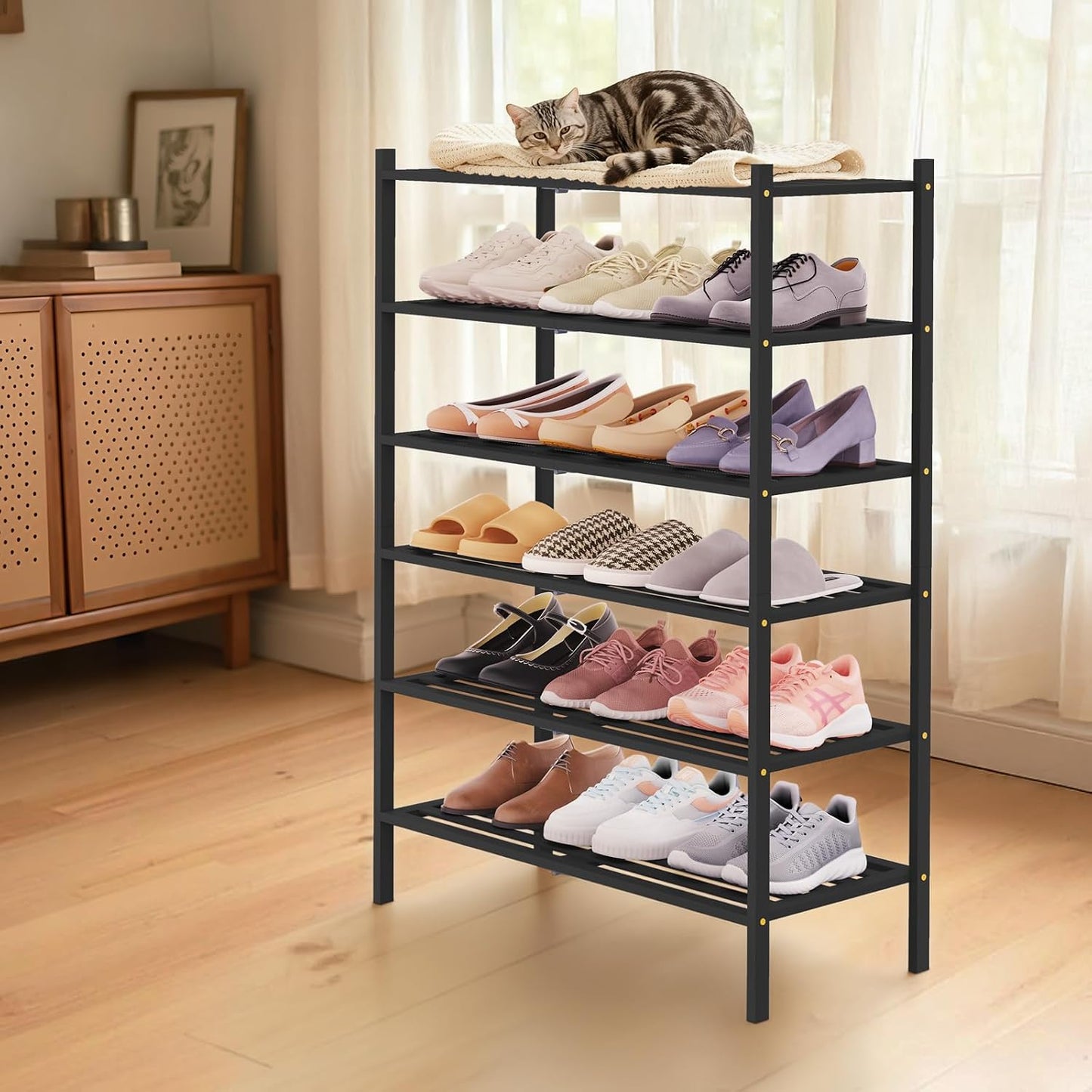 Smiry Bamboo Shoe Rack, 3 Tier Free Standing Wooden Shoe Organizer, Stackable Wood Shoe Storage Shelf for Closet, Entryway, 5 Horizontal Slats, 26.8"x11"x18.3", Natural