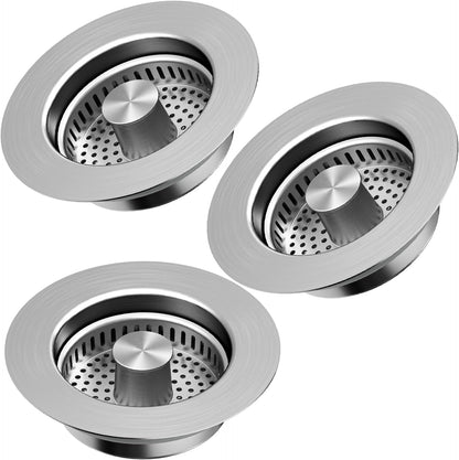Sink Drain Strainer 3 in 1, 304 Stainless Steel Pop Up Kitchen Sink Stopper with Anti-Clogging Basket, Kitchen Essential Drain Anti-Clog Gadgets, Fits US Standard 3-1/2'' Sink Drain (SUS 304 Brushed)