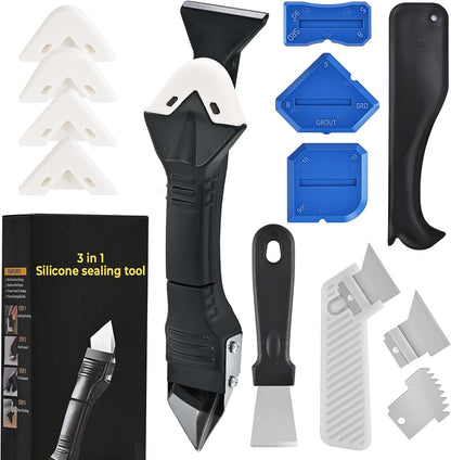 Caulking Tool 3 in 1 Silicone Caulking Grout Removal Sealant Finishing Tool Glass Glue Angle Scraper with Grout Scraper for Kitchen Bathroom Floor, Wall Surface,Window,Sink Joint,Frames Seal