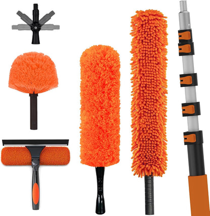 LAANPOLE 26FT High Reach Duster Cleaning Kit with Extension Pole, High Ceiling Fan Cleaner Duster Tool for Fan Blades, Window Washing Kit with Microfiber Feather Duster & Window Squeegee