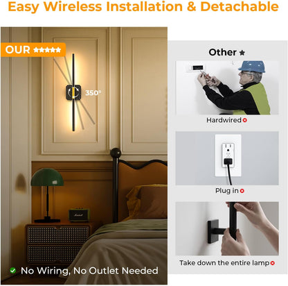 GvvooHome Battery Operated Wall Sconces Set of 2, Detachable 360°Rotate Wall Lamps, 3000-6500K Dimmable with Remote Control, 10000mAh Rechargeable Wall Light for Bedroom, Living Room, 28.3" Black Gold