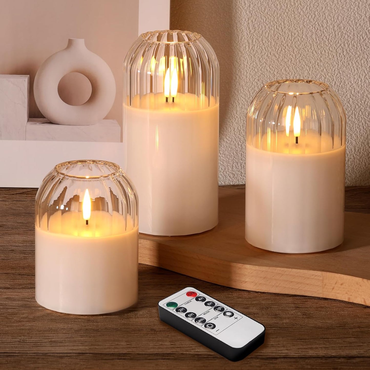 Grey Glass Flameless Pillar Candles with Remote, Flickering Battery LED Candles Table Decor Gift Set of 3