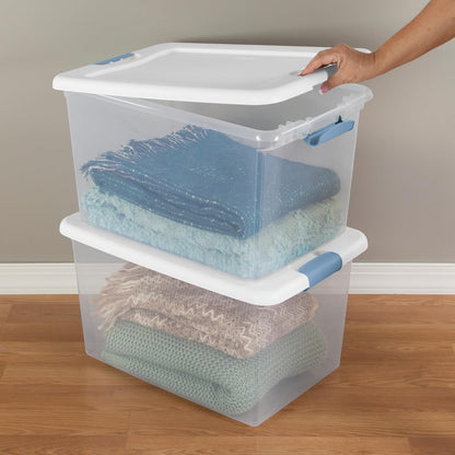 Sterilite 4-Pack 56 Quart Wheeled Latching Box, Underbed Clear Plastic Storage Organizer - Under Bed Rolling Container Bin with Lid and Wheels for Home or Dorm Bedrooms and Closets