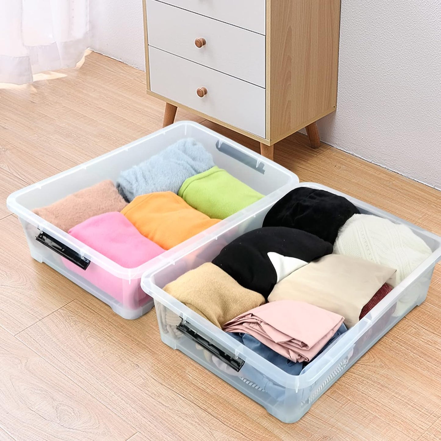 3-Pack Wheeled Plastic Under Bed Storage Box with Lids, 40 L | Under Bed Storage Bin, Secure Side Latch Lid, Built-In Rolling Wheels, Stackable Design, Perfect for Under Bed Storage