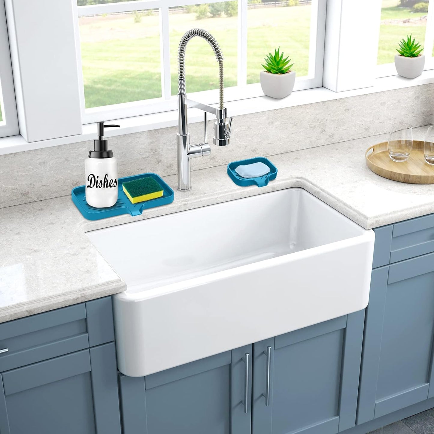 Kitchen Soap Tray,Kitchen Sink Tray Sponge Tray Kitchen Sponge Holder Self Draining Premium Silicone Soap Holder for Bathroom Counter Sink Caddy Organizer for Dish Soap Bottle,Soap Dispenser