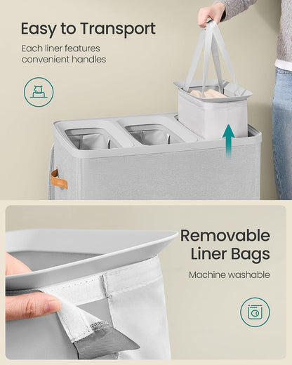 SONGMICS Laundry Basket, 50.2 Gal. Laundry Hamper, 3 Compartments, Easy Assembly, with Lid and Handles, Removable Liners, 25.2 x 15.7 x 29.5 Inches, Cappuccino Beige ULCB814LH01