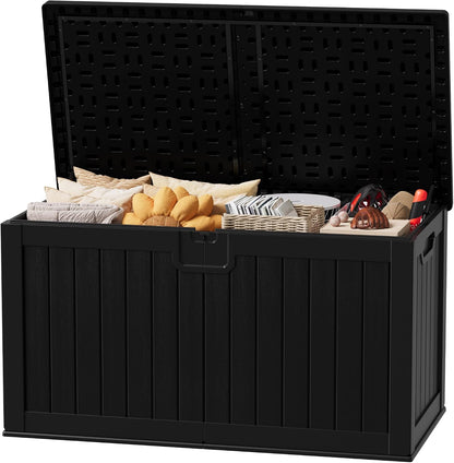 JUMMICO 31 Gallon Resin Deck Box Waterproof Indoor Outdoor Storage Boxes for Patio Furniture Cushions and Garden Tools (Brown)