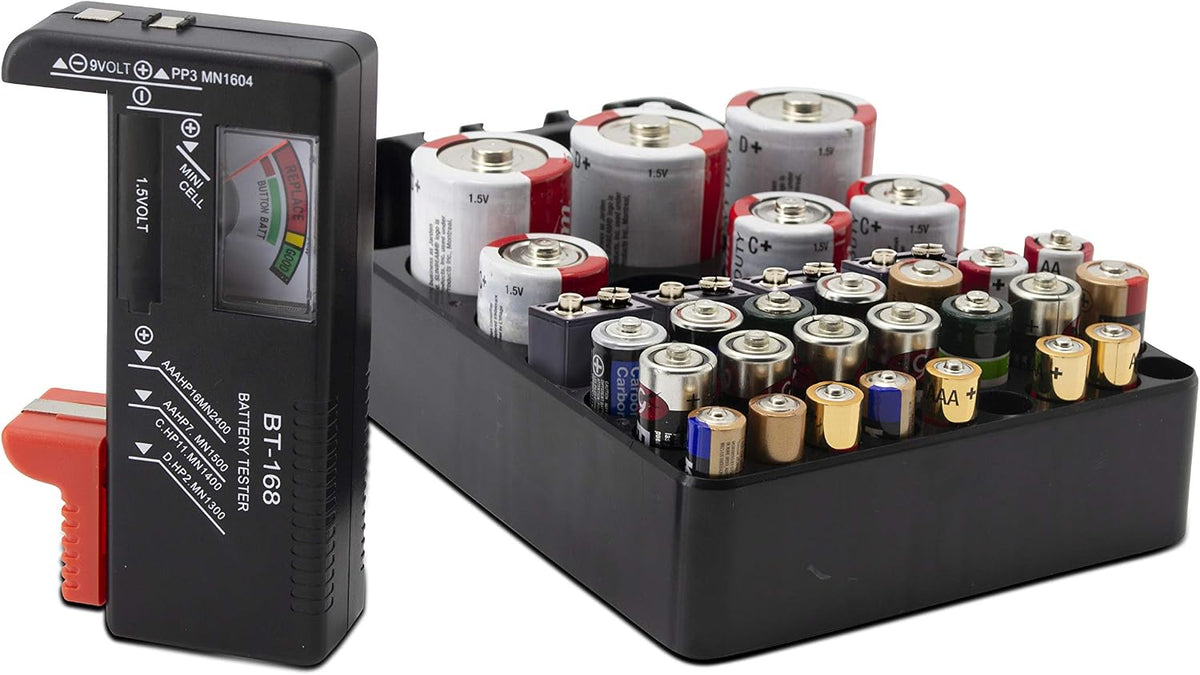 Tools & Home Improvement Universal Battery Tester and Organizer | Battery Checker for AA AAA C D 9V 1.5V Button Cell Batteries with Storage Case Holds 34 Batteries (Black)