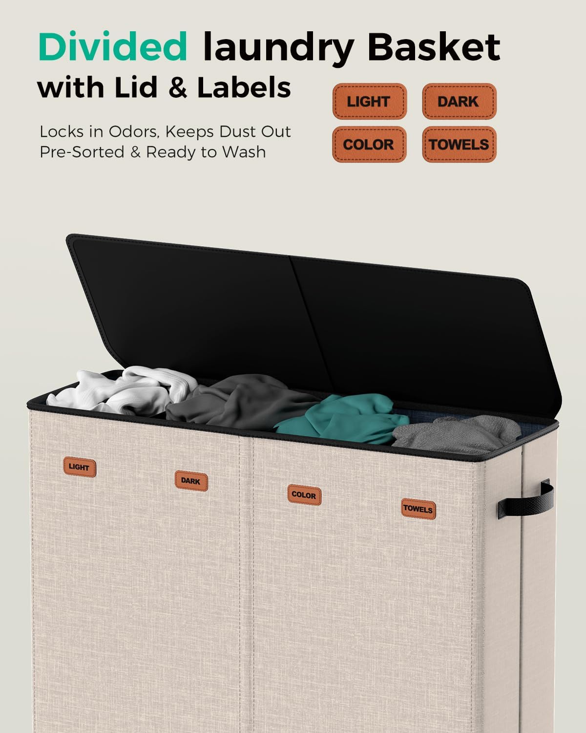 185L Laundry Hamper 3 Section with Lid & Removable Bags | Collapsible laundry basket organizer for laundry room, bedroom & dorm with 3 removable washing bags
