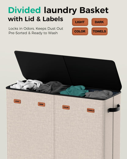 185L Laundry Hamper 3 Section with Lid & Removable Bags | Collapsible laundry basket organizer for laundry room, bedroom & dorm with 3 removable washing bags