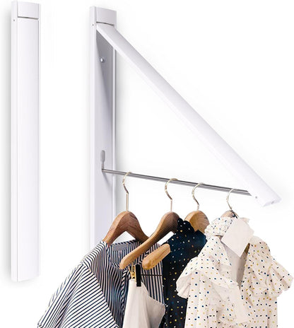 No Drill Wall Mounted Drying Rack 65 lb Aluminum, White | Wall rack folds flat to 0.39 inch. Holds 8-11 shirts. Pearl white finish for apartment, bathroom, RV, dorm.