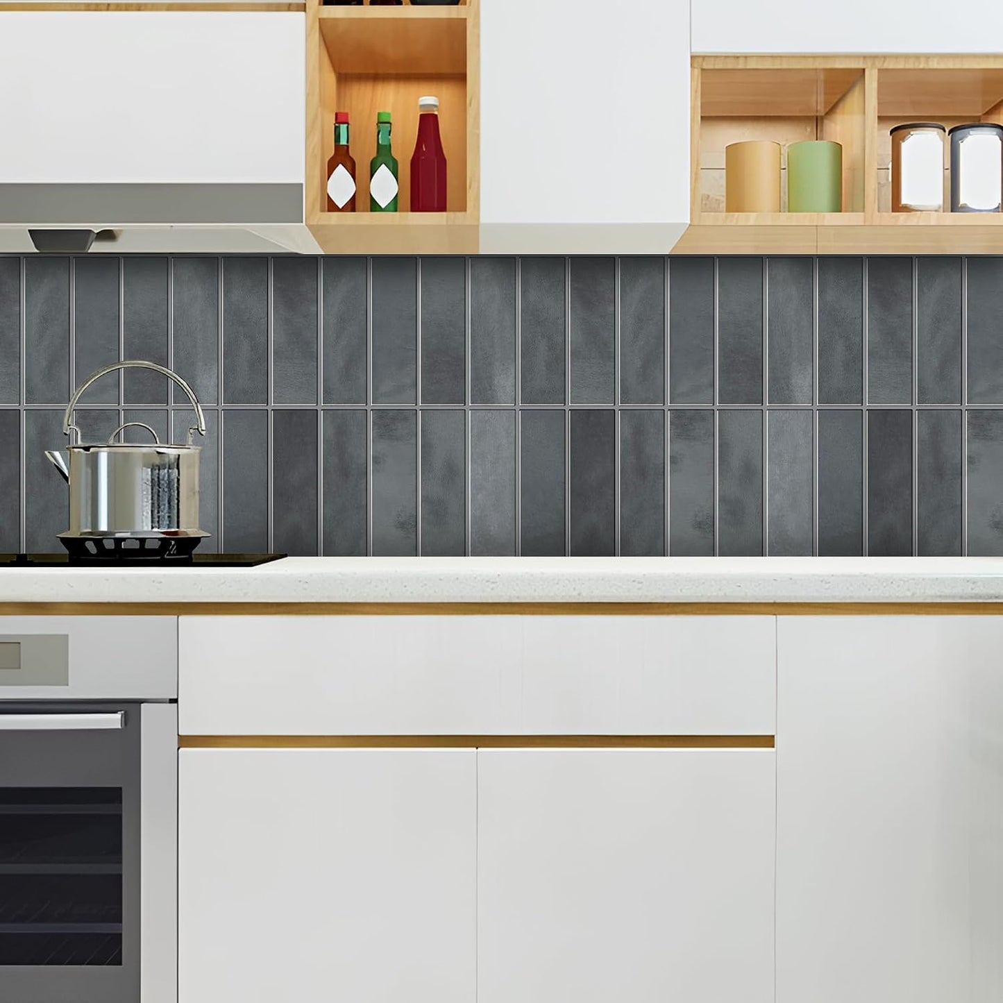 Peel and Stick Subway Backsplash Tiles, 5 Pack, 12 x 12 in, Almond | extra thick 3D wall panels, heat and water resistant wall panels, easy DIY kitchen, bathroom, laundry, fireplace wall décor